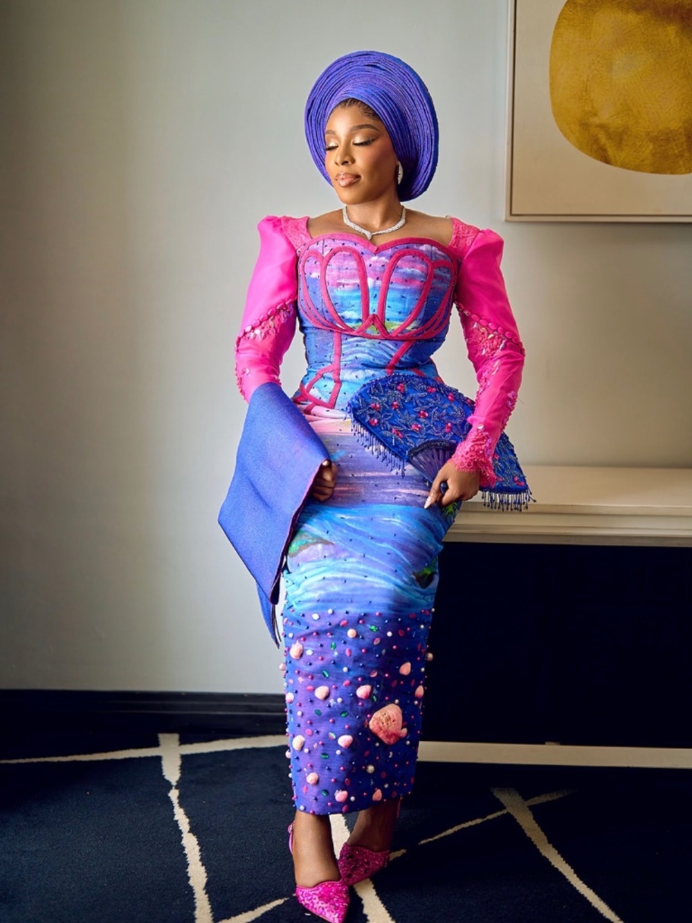 Pink and Blue Beaded Asooke dress